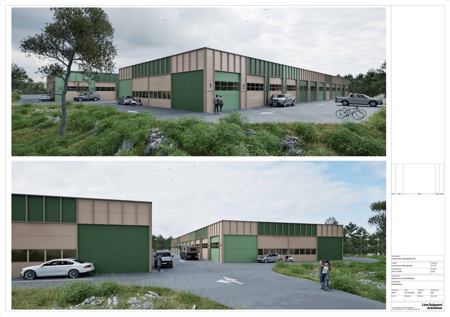 3D-visualisering (rendering) av en nybyggende industribygning sett fra utsiden. Bildet viser fasade, omgivelser, kjøretøy og personer for å illustrere bygningens utseende.