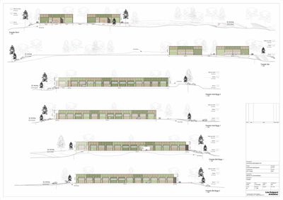 Fasadetegninger som viser bygningens utseende fra ulike vinkler (Nord, Sør, Vest, Øst) og detaljer om fasadefasonger.