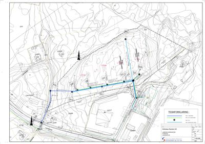 Situasjonsplan som viser topografi (høydekurver), eksisterende og planlagt infrastruktur (veier, ledninger), samt bygningers plassering på tomten.