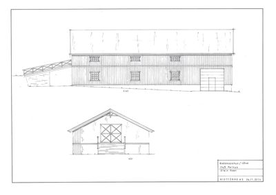 Fasadetegning av et redskapshus sett fra øst og sør, inkludert detaljer som vinduer, dører og takform.