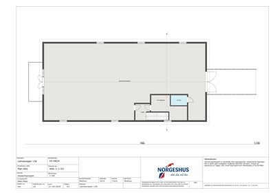 Etasjeplan (Plan H22) som viser romfordeling, trapp og inngang for et hus.