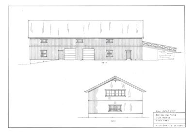 Fasadetegning som viser bygningens utsyn mot vest og nord.