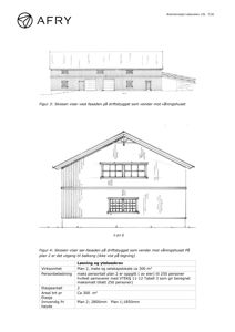 Bildet viser to fasadetegninger (vest- og sør-fasade) av et driftsbygg, samt en tabell med tekniske spesifikasjoner for bygningen.