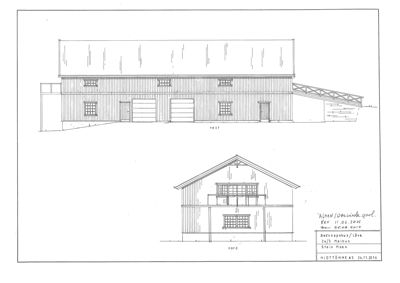 Fasadetegning som viser bygningens utsyn mot vest og nord.