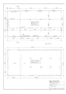 Bildet viser en tegning med to planer: øverst etasjeplan (PLAN 1. ETO) og nederst fundamentplan. Tegningen inneholder romdimensjoner, veggtykkelser og konstruksjonsdetaljer.