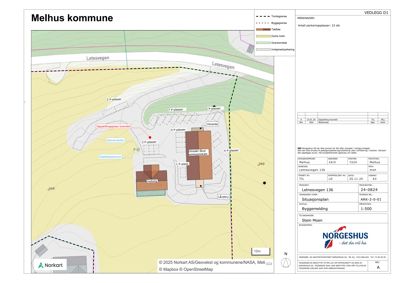 Situasjonsplan som viser tomtens beliggenhet, grenser, eksisterende og planlagt bebyggelse samt vegnett.