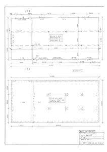 Bildet viser en tegning med to deler: øverst etasjeplan (PLAN 1. ETG) og nederst fundamentplan, begge med mål og romoppdeling.