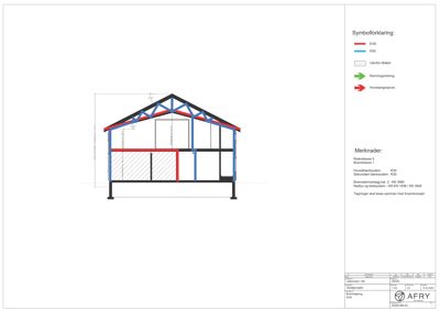 Snittegning som viser tverrsnitt gjennom bygningen med konstruksjonsdetaljer, takform og brannklassifisering.