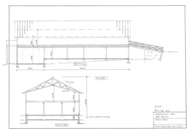 Snittegning (Snitt A-A og B-B) som viser bygningens tverrsnitt, konstruksjon og høyder.
