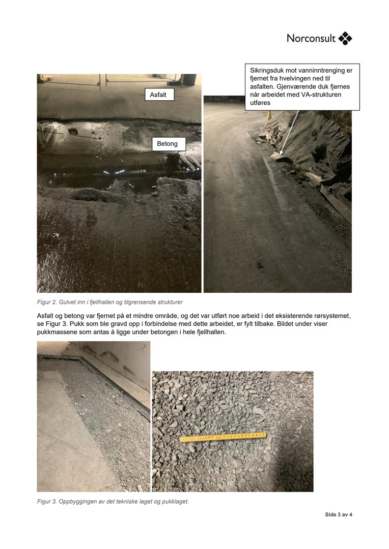 Fotografier av gulvoverflater i en fjellhall og tilgrensende strukturer, inkludert asfalt, betong og pukk. Bildene viser arbeid med fjerning av materialer og oppbygging av tekniske lag.