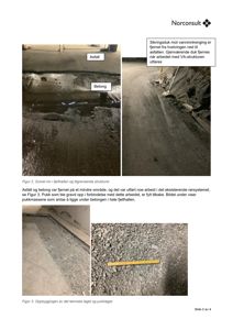 Fotografier av gulvoverflater i en fjellhall og tilgrensende strukturer, inkludert asfalt, betong og pukk. Bildene viser arbeid med fjerning av materialer og oppbygging av tekniske lag.