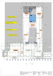 Etasjeplan (Plan 1. Etasje) med romfordeling, eksisterende og nye overflater, samt merking av utvidelser og plassering av container.
