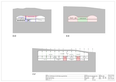 Snittegning (D-D, E-E, F-F) som viser tverrsnitt gjennom bygningen med romfordeling og konstruksjonsdetaljer.