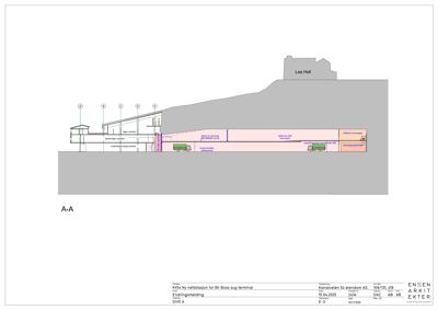 Snittegning (A-A) som viser tverrsnittet gjennom en terminalbygning og tilhørende underjordiske anlegg, inkludert kjørefelt og lasteområder.