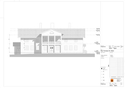 Fasadetegning som viser bygningens utseende fra fronten med oppriss, vinduer og takform.