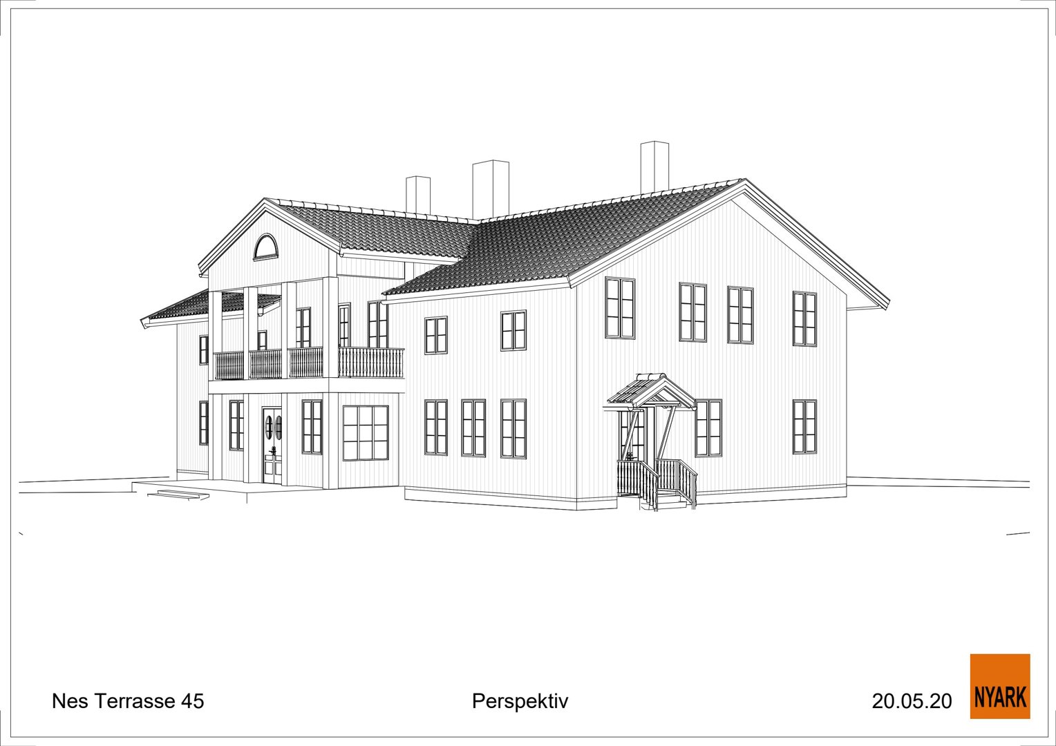 En 2D-linjetegning som viser en perspektivtegning av en planlagt bygning.