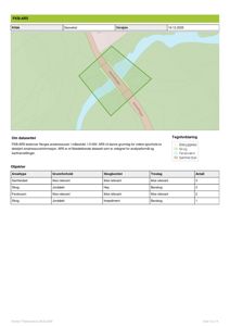 Kart over et område med en markert tomt (grønn polygon) og en vei (rosa linje). Kartet viser også vegetasjon og vann. Under kartet er det en tabell med data om arealtype og skogbonitet for området.