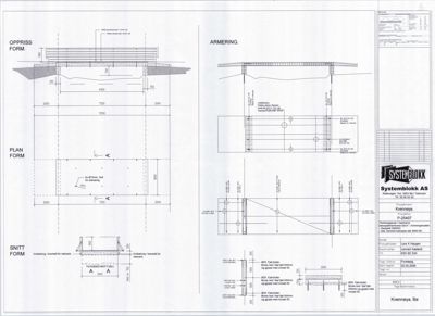 Tegning som viser detaljerte oppriss, plan og snitt av en betongkonstruksjon (form og armering) med dimensjoner og materialbeskrivelser.