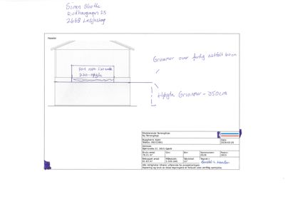 Tegning som viser detaljert oppriss av grunnmur og fundament med håndskrevne notater om høyder og materialer.