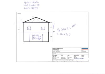 En tegning som viser et snitt gjennom en konstruksjon (troll eller takkonstruksjon) med mål og håndskrevne notater om dimensjoner.