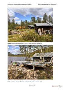 Fotografier fra befaring ved Finnsjøen som viser hytter og en provisorisk båtnaust.