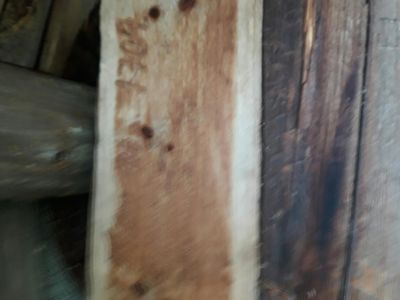 Fotografi av en tømmerbjelke eller stolpe med synlig tekst '1701' skrevet inn i treet.