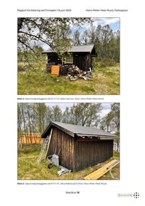 Fotografier av en hytte og et uthus/båtnest på en tomt.