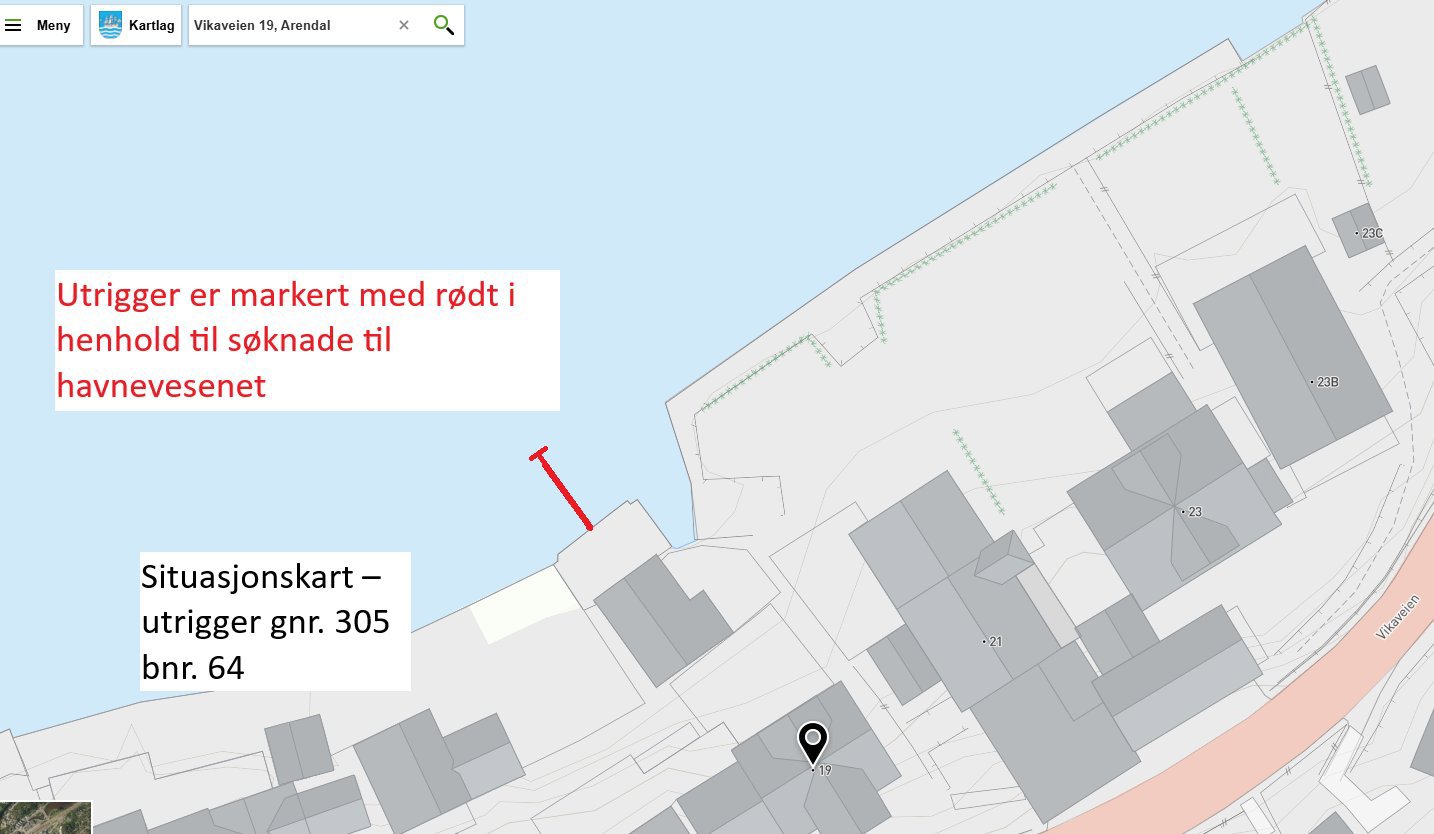 Kartutsnitt (situasjonskart) som viser eiendomsgrenser, bygninger og en markert uttrigger ved havnevesenet.