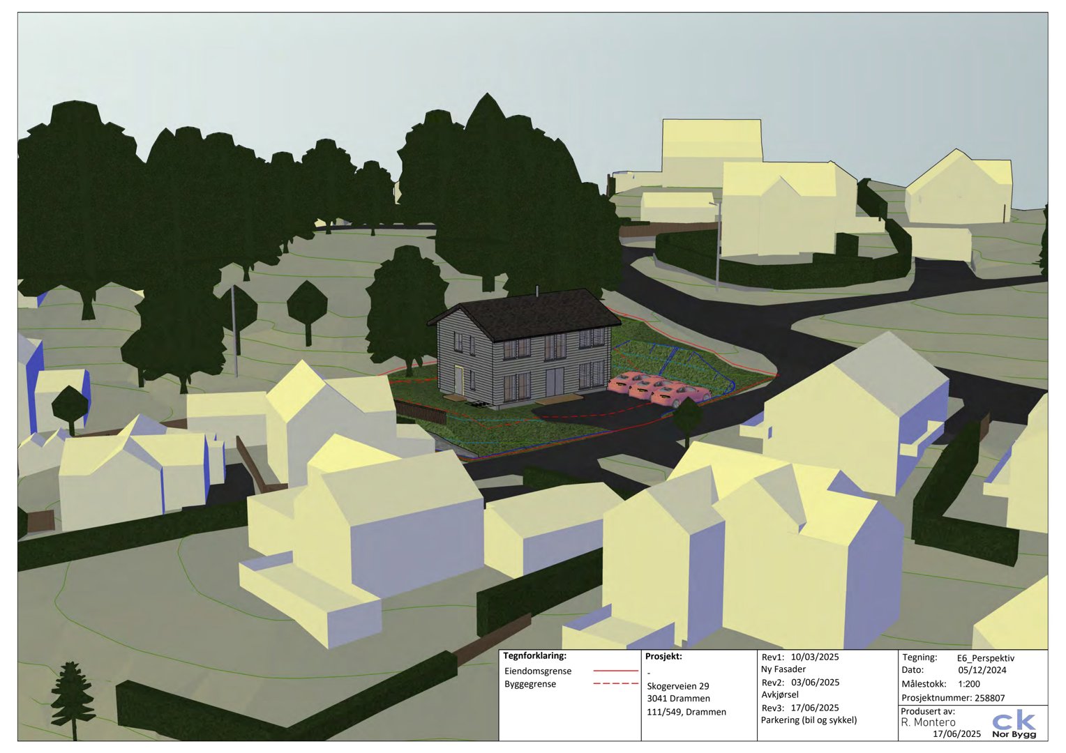 3D-visualisering av et boligområde med fokus på en sentral bygning og parkeringsplass.