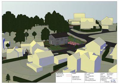 3D-visualisering av et boligområde med fokus på en sentral bygning og parkeringsplass.
