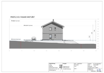 Tverrsnitt eller profiltegning som viser bygningens høyde i forhold til terrenget og naboeiendom.