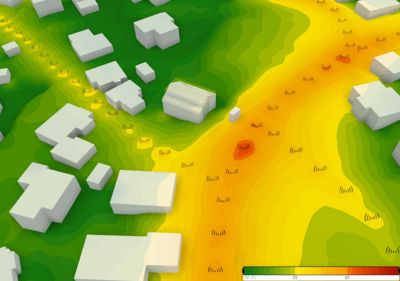 Kart med 3D-modellering av bygninger overlappet med en fargekoding (heatmap) som sannsynligvis viser støy eller luftforurensning.