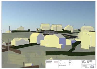 3D-visualisering (rendering) av et boligområde med flere hus og terrengform.
