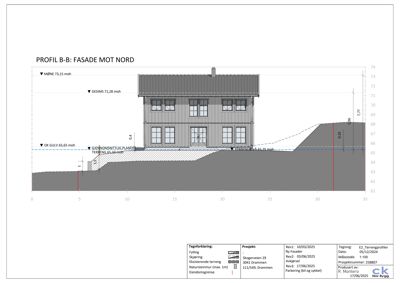 Snittegning (profil) som viser fasaden sett fra nord, med høydemål og terrengforhold.