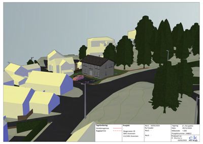 3D-visualisering (perspektiv) av et boligområde med hus, veier og trær.