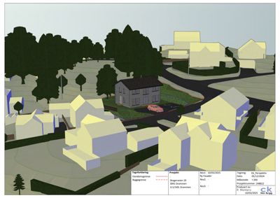 Situasjonsplan eller 3D-visualisering av et byggeområde med hus, veier og naturinngrep.