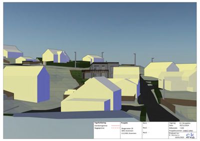 3D-visualisering av et boligområde med flere hus og veier.