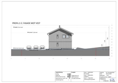En terrengprofil (snitt) som viser høydeforskjeller og bygningens plassering i forhold til terrenget.