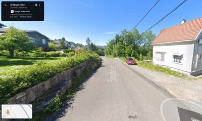Et bilde fra Google Street View som viser en vei med hus og vegetasjon.