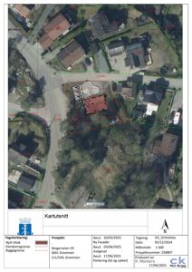 Kartutsnitt som viser eiendomsgrenser, byggegrenser og nabolag med koordinater.