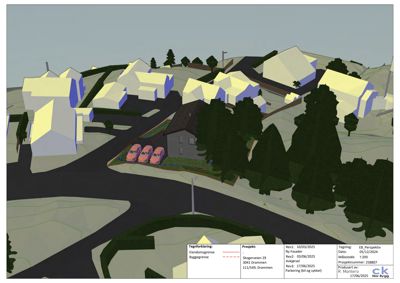 3D-visualisering (perspektivtegning) av et boligområde med hus, veier og natur.