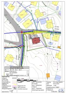 Situasjonsplan som viser bygningens plassering i forhold til nabolag, veggrenser og eiendomsgrenser.