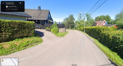 Fotografi fra Google Street View som viser en vei (Skogerveien) og tilstøtende hus og hager.