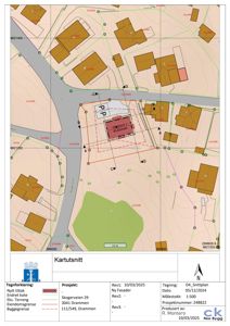 Kartutsnitt som viser tomtens plassering i forhold til nabolag, veggrenser og eiendomsgrenser.
