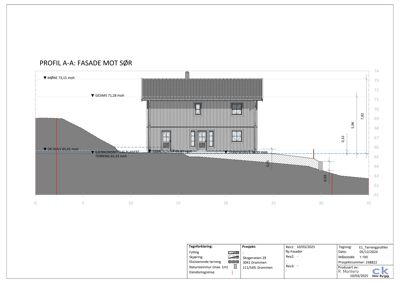 Snittegning (profil) som viser fasade mot sør, terrengforhold og høydemål.