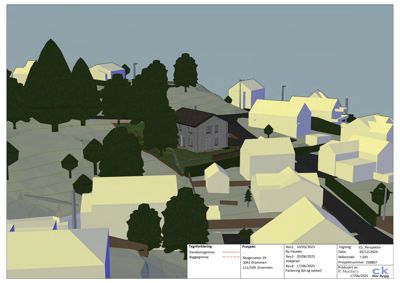 3D-visualisering av et boligområde med hus, trær og terrengformet.