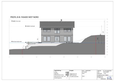 Snittegning (profil) som viser fasade mot nord med høydemål og terrengforhold.