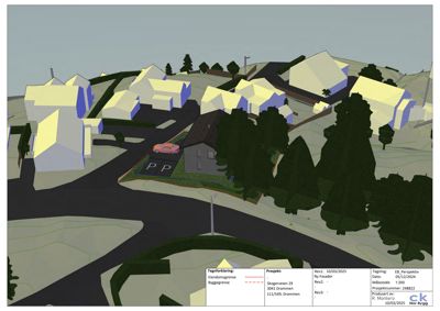 3D-visualisering (perspektivtegning) av et boligområde med hus, veier og natur.