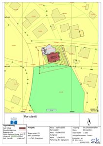 Situasjonsplan som viser eiendomsgrenser, byggegrenser og nabolag.