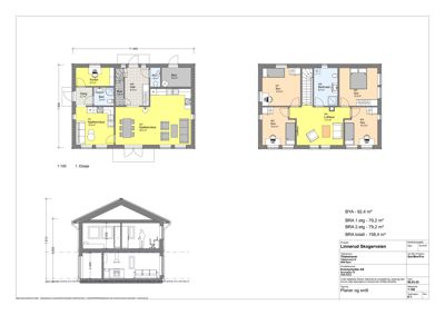 Bildet viser etasjeplaner (1. etasje og BRA 2. etasje) med romfordeling, samt et snitt av bygningen.